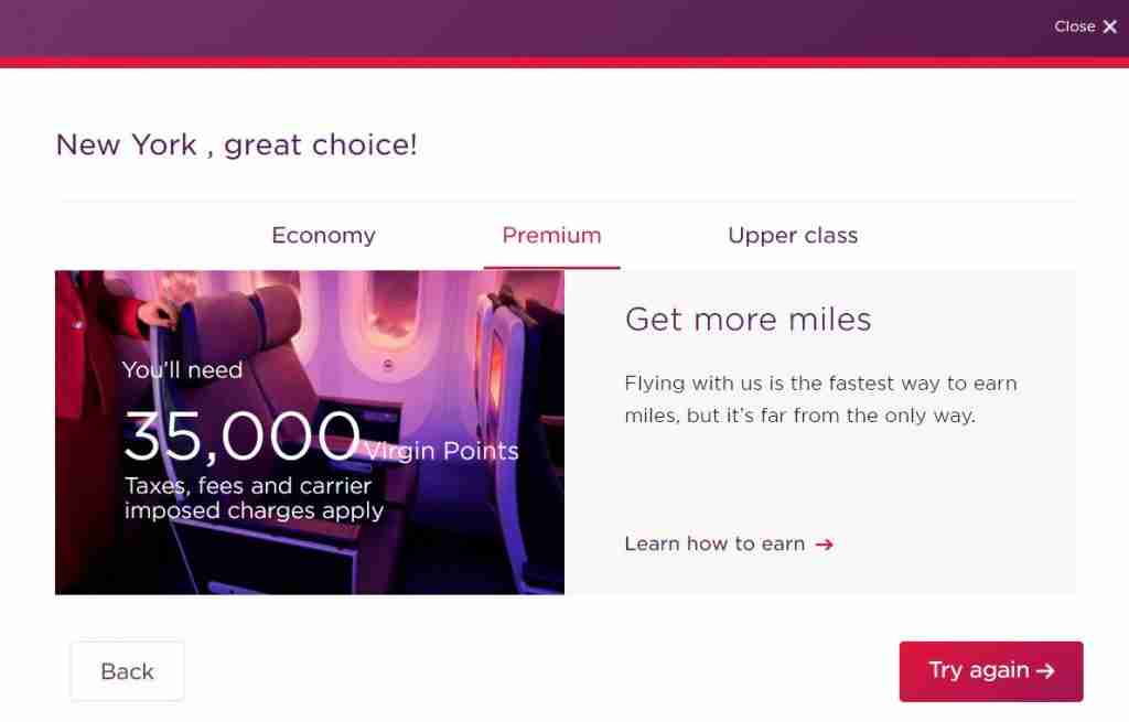The earnings calculator on the Virgin Atlantic Flying Club Website